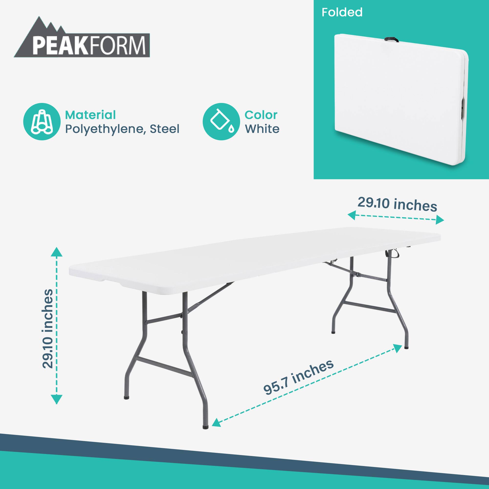 Folded PEAKFORM  
Material: Polyethylene, Steel  
Color: White  

Dimensions:  
- Length: 95.7 inches  
- Width: 29.10 inches  
- Height: 29.10 inches