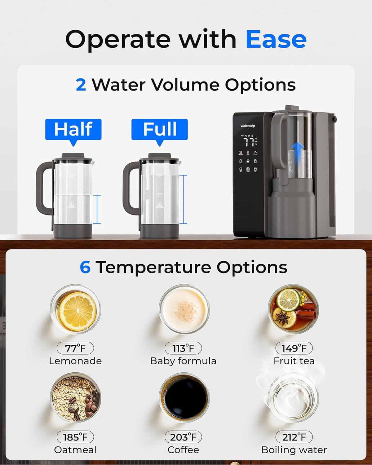 Operate with Ease

2 Water Volume Options  
Half  
Full

6 Temperature Options  
77°F Lemonade  
113°F Baby formula  
149°F Fruit tea  
185°F Oatmeal  
203°F Coffee  
212°F Boiling water