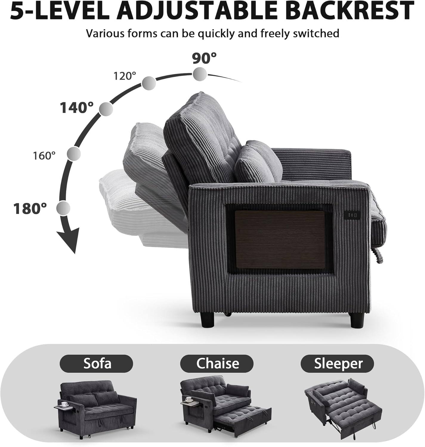 5-LEVEL ADJUSTABLE BACKREST  
Various forms can be quickly and freely switched  

120°  
140°  
160°  
180°  
90°  

Sofa  
Chaise  
Sleeper