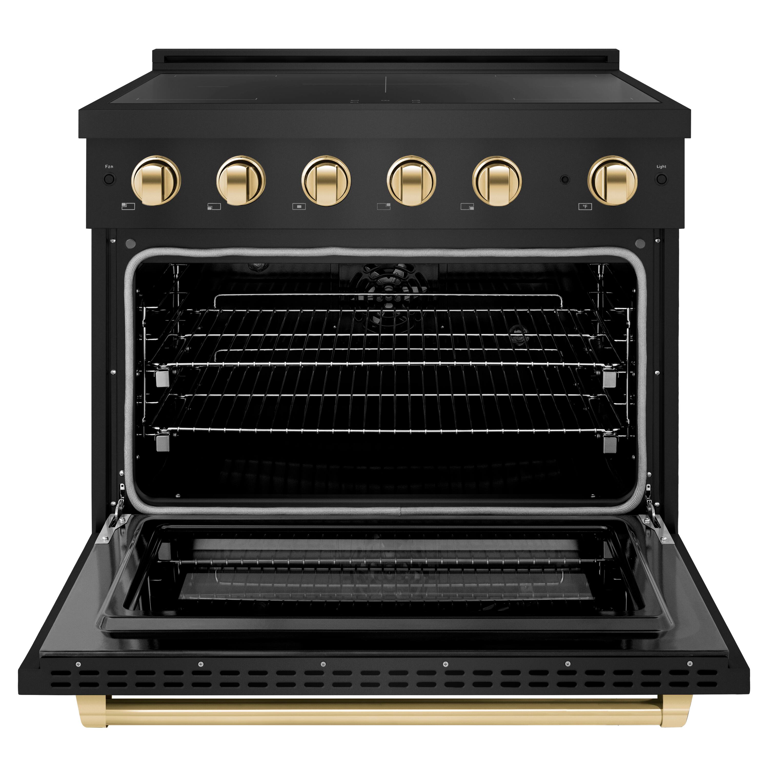 Angle. ZLINE - Autograph 36 in. 5.2 cu. ft. Paramount Freestanding Induction Range with 5 Burners in Black Steel with Gold Accents - Black Stainless Steel.