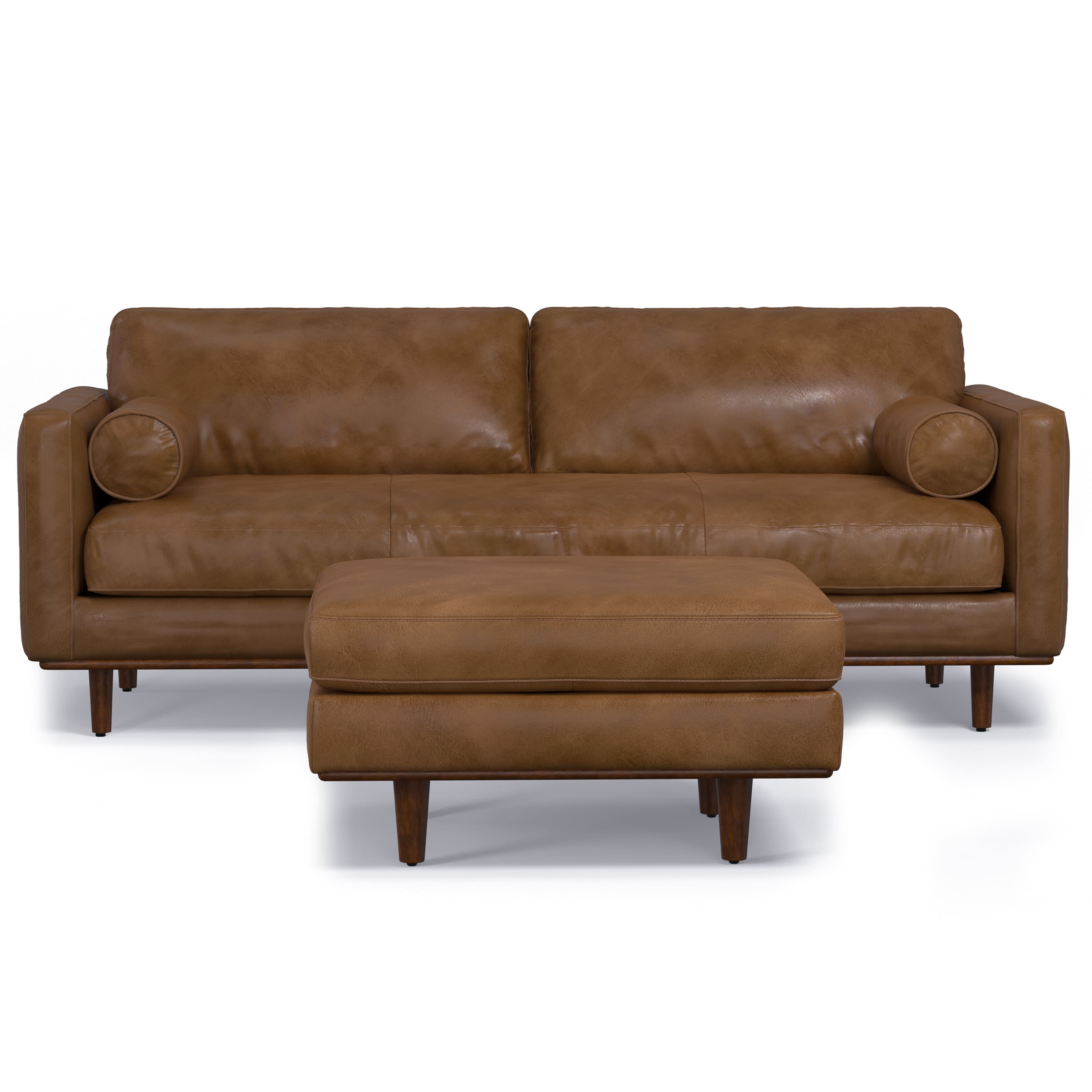 Simpli Home - Morrison Mid-Century Modern 89 inch Wide Sofa with Ottoman Set in Caramel Brown Genuine Leather - Caramel Brown
