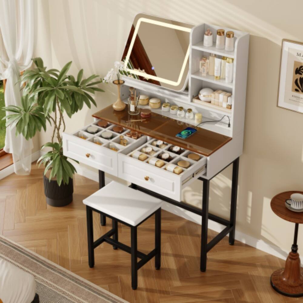 Alt View 2. LUCKY ONE - Makeup Vanity w/ 360° Rotatable LED Mirror Amber Glass Top 2 Drawers Stool - Black,White.