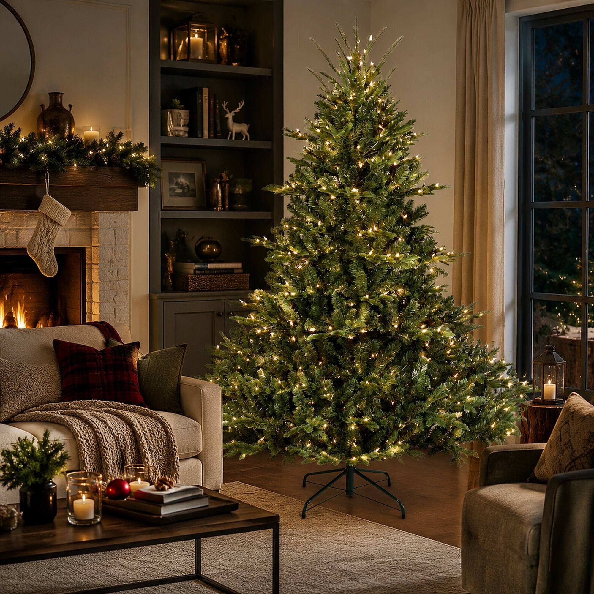 Left. RYHNUYNE - 7FT Full-Shape Pre-Lit Christmas Tree, 750 Lights 2257 Tips PE/PVC Mixed Branches Wide Base Stable Metal Stand - Green.