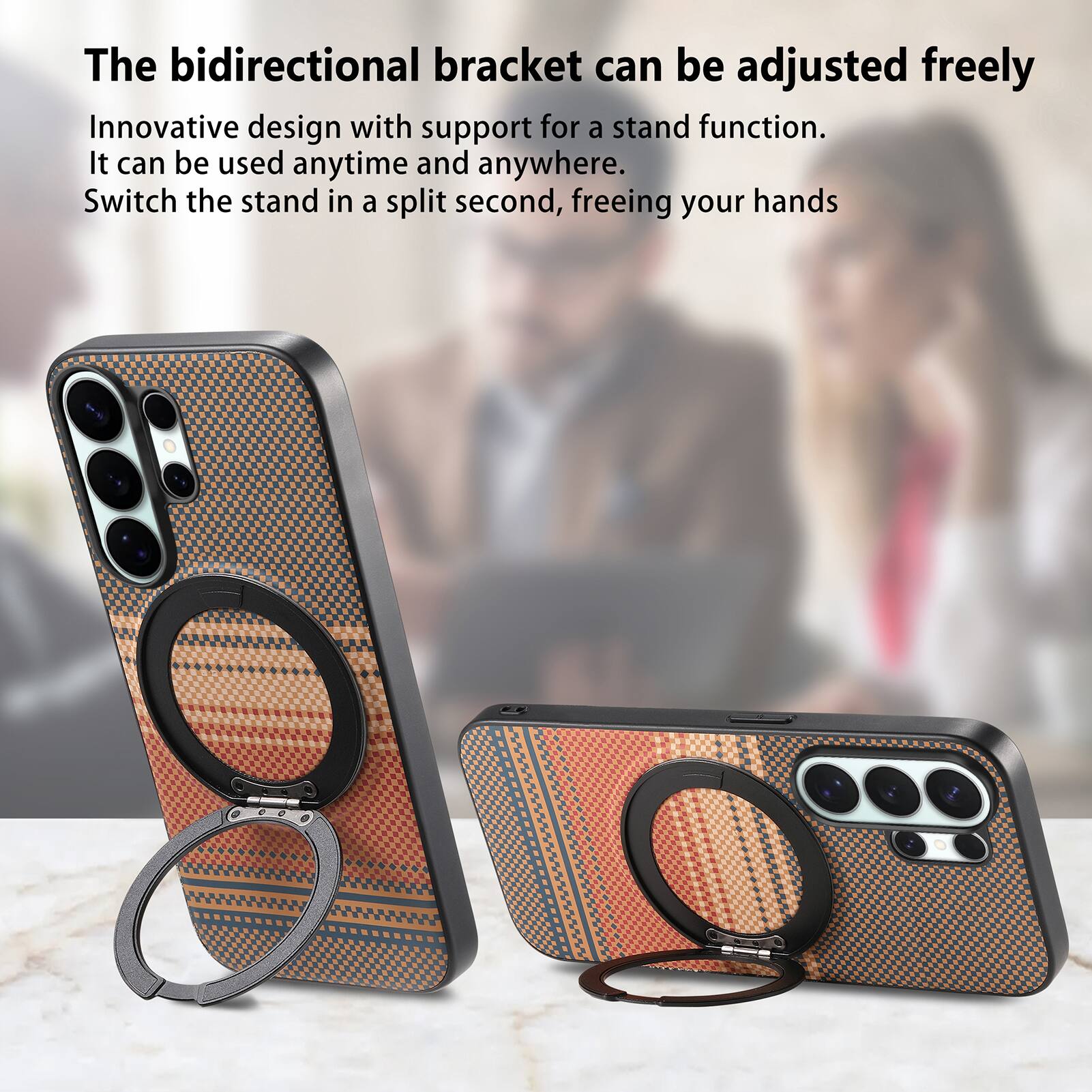 The bidirectional bracket can be adjusted freely. Innovative design with support for a stand function. It can be used anytime and anywhere. Switch the stand in a split second, freeing your hands.