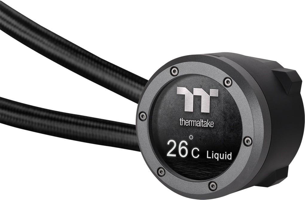 The text on the image reads "T thermaltake 26 C Liquid." This suggests that the image features a thermaltake product, likely a cooling system or liquid cooling unit, with a temperature of 26 degrees Celsius.