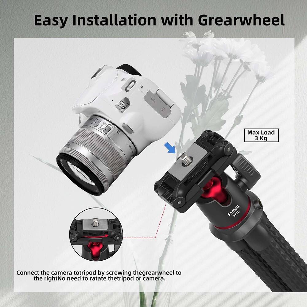 Easy Installation with Gearwheel

Max Load 3 Kg

Connect the camera to tripod by screwing the gearwheel to the right. No need to rotate the tripod or camera.