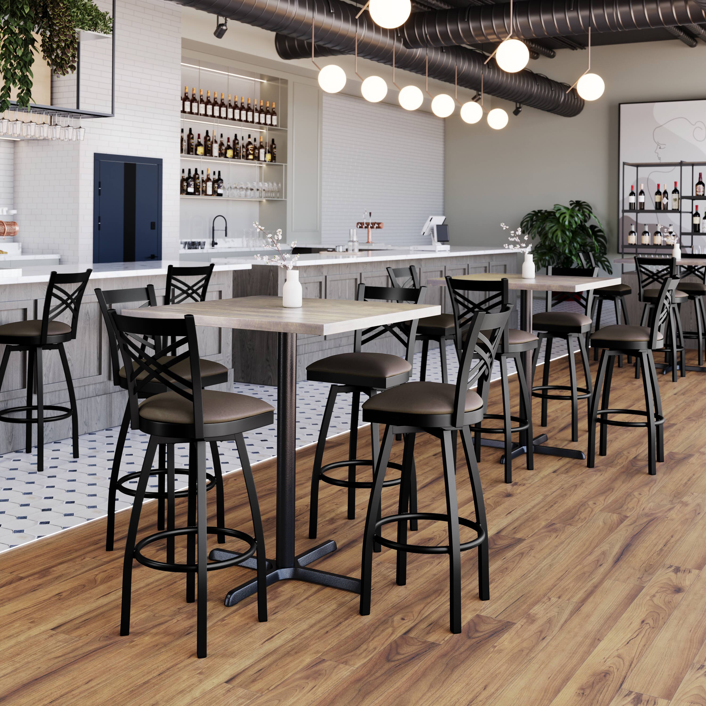 Alt View 1. Emma + Oliver - "X" Back Swivel Metal Restaurant Dining Barstool - Mocha Vinyl Seat/Black Metal Frame.