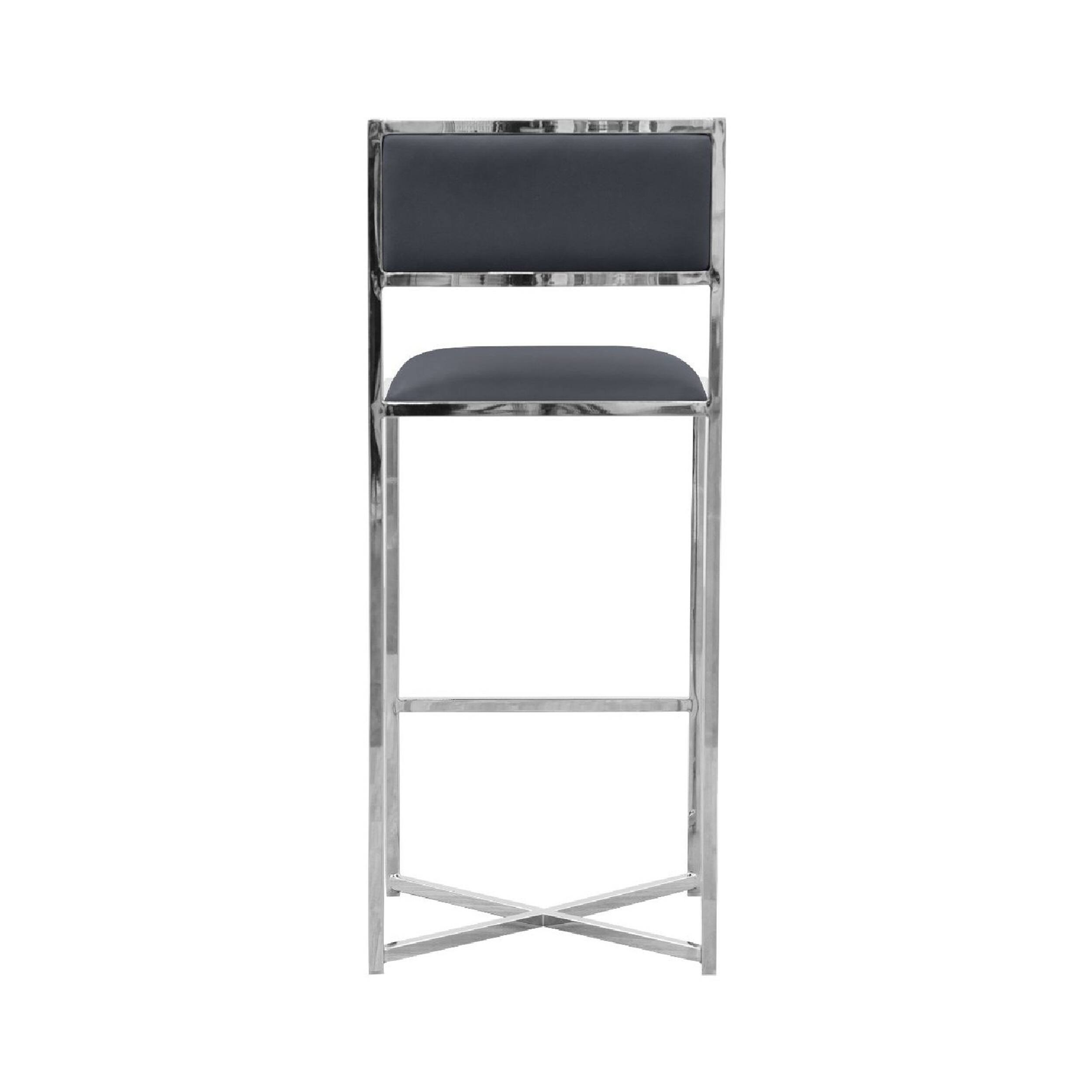 Left. Manhattan Lane - Eun 30 Inch Vegan Faux Leather Barstool, Chrome Base, Set of 2 - Gray and Chrome.