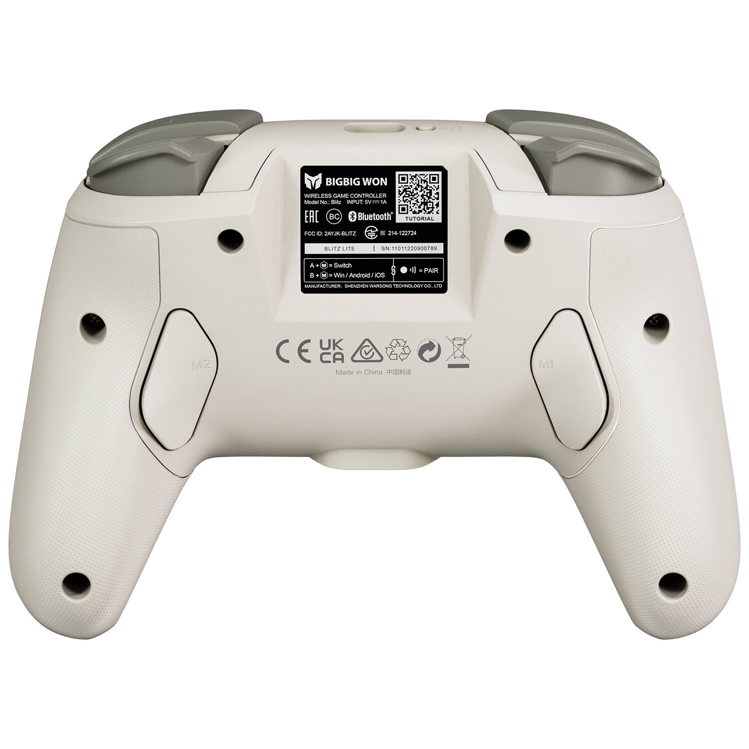 BIGBIG WON  
WIRELESS GAME CONTROLLER  
Model No. B1K  
INPUT: 5V-1A  
FOC ID: 24X4K-BLUTZ  
BLITZ LITE  

A: + Switch  
B: + Win/Android/iOS  

MANUFACTURER: SHENZHEN WONS TECHNOLOGY CO., LTD  

SN: 191122900789  
Made in China  

Bluetooth TUTORIAL  
iOS Android  

CE UK CA  
Made in China