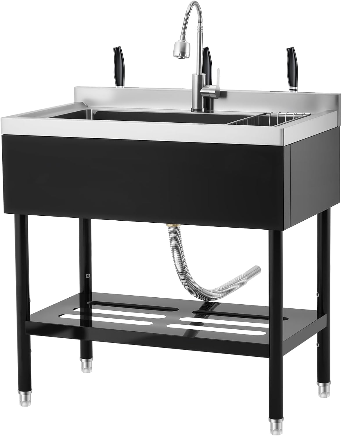 Acekool - Stainless Steel Utility Sink, Commercial Prep Sink with Storage Shelf & Adjustable Legs, 36"x20"x35.5" - Black