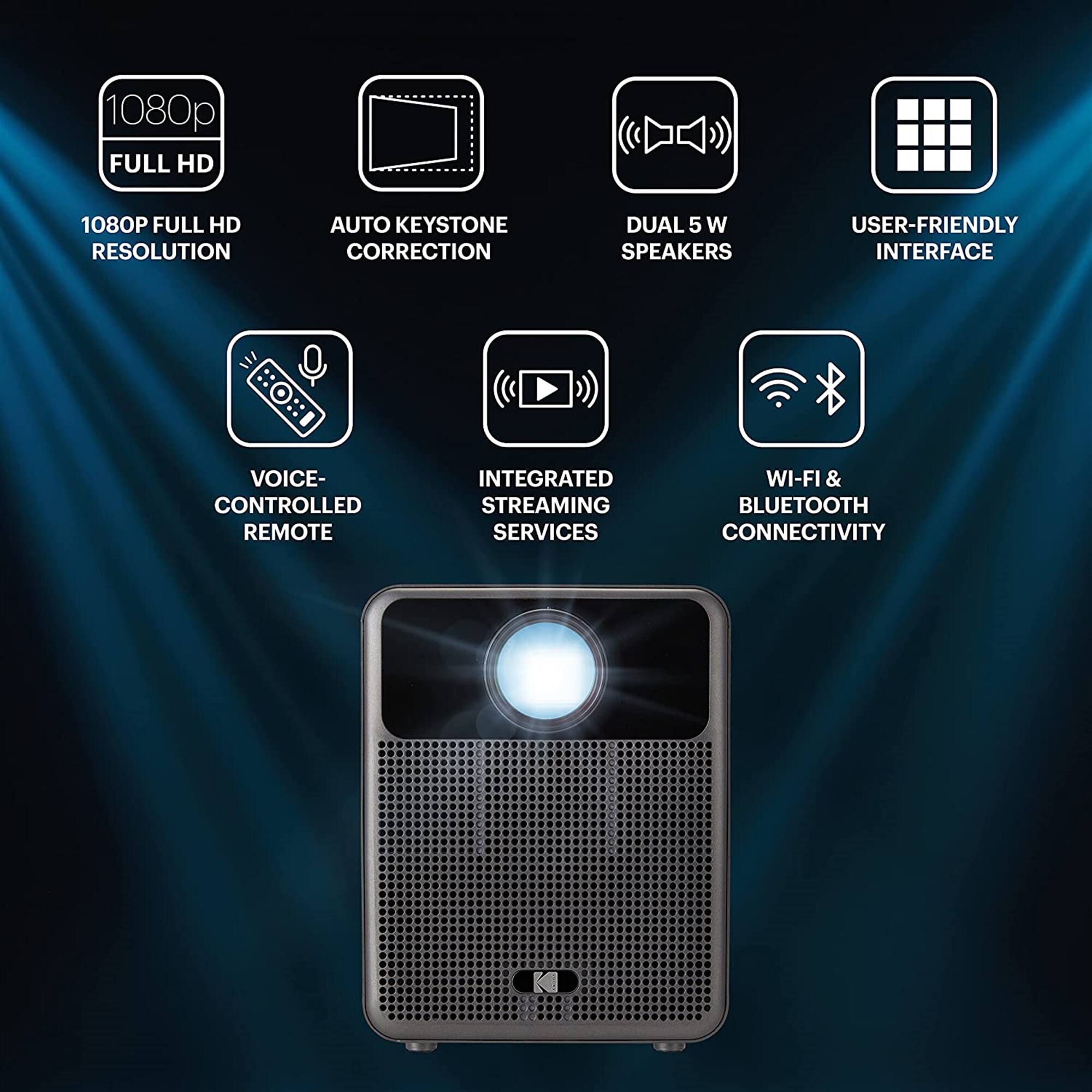 1080p Full HD Resolution Auto Keystone Correction Dual 5W Speakers User-Friendly Interface Voice-Controlled Remote Integrated Streaming Services Wi-Fi & Bluetooth Connectivity