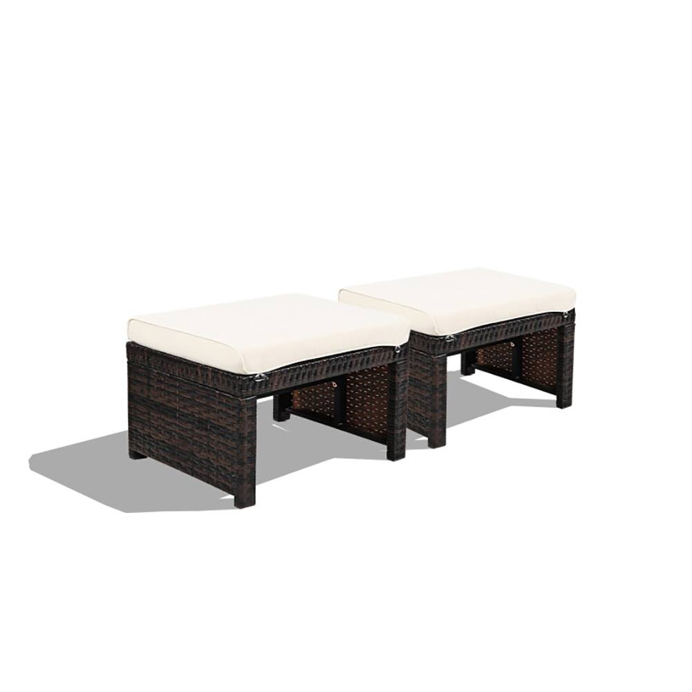 Angle. Pefilos - 2 Pieces Patio Rattan Ottomans with Soft Cushion fo Patio and Gaden-White, All Weathe Wicke Ottoman, Outdoo Footstool - White.