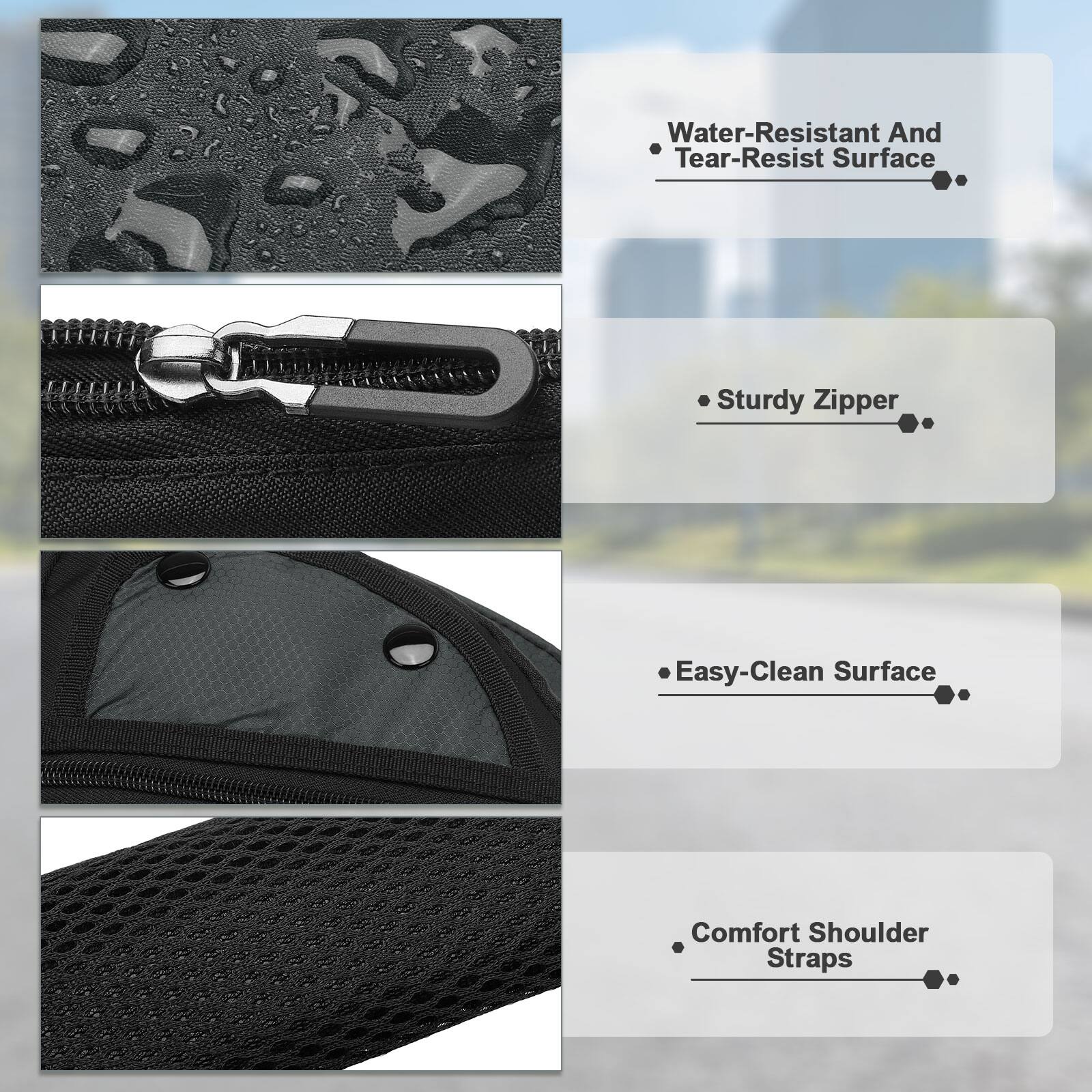 - Water-Resistant And Tear-Resist Surface
- Sturdy Zipper
- Easy-Clean Surface
- Comfort Shoulder Straps