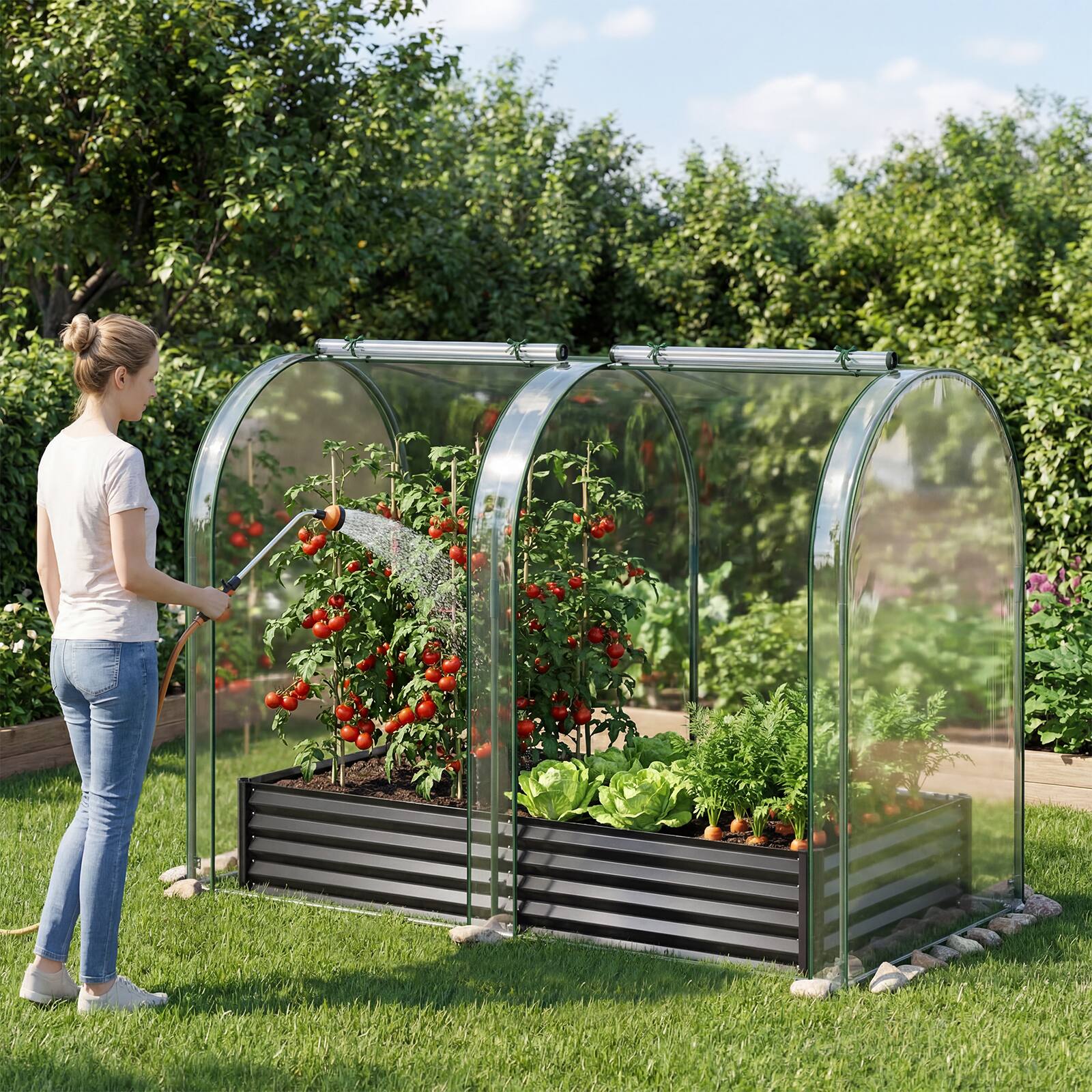 Alt View 3. Gymax - Gymax 6 x 3 x 1 FT Galvanized Raised Garden Bed w/Greenhouse Cover 2 Roll-up Windows Black & Transparent - Black.