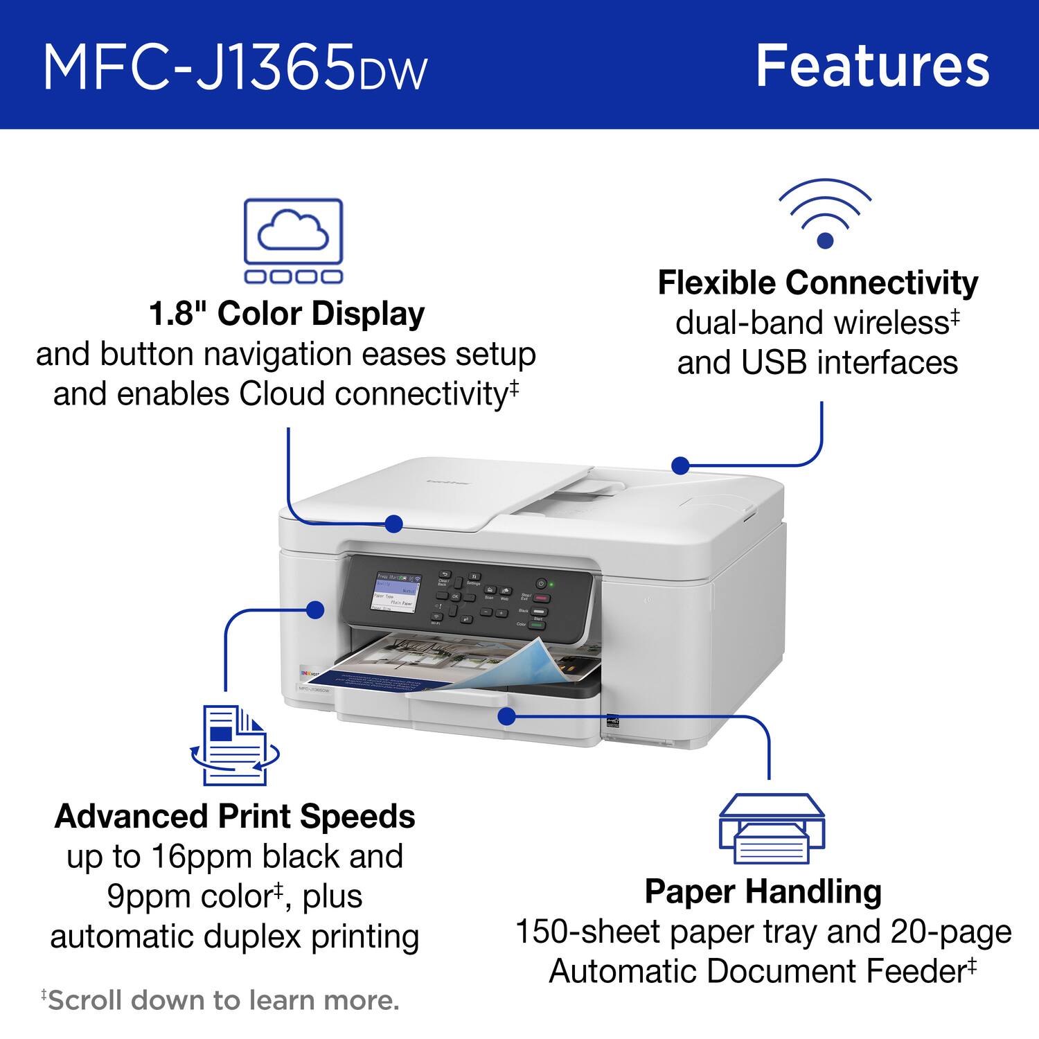 MFC-J1365DW Features

1.8" Color Display and button navigation eases setup and enables Cloud connectivity
Flexible Connectivity dual-band wireless and USB interfaces
Advanced Print Speeds up to 16ppm black and 9ppm color, plus automatic duplex printing
Paper Handling 150-sheet paper tray and 20-page Automatic Document Feeder
Scroll down to learn more.