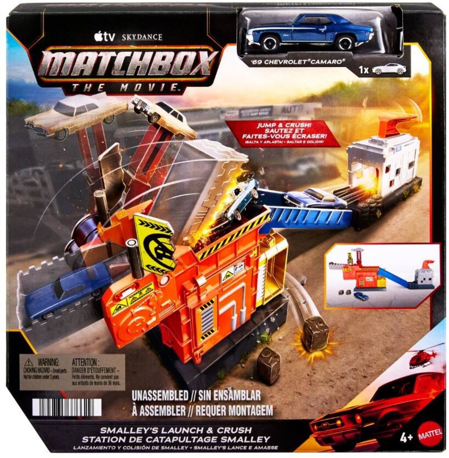 tv SKYDANCE MATCHBOX '69 CHEVROLET CAMARO THE MOVIE. 1x JUMP & CRUSH! SAUTEZ ET FAITES-VOUS ECRASER! SALTA Y APLASTA! BALTAR A COLIDHE DA WARNING ATTENTION: CHOKING HAZARD - DANGER D'ETOUFFEMENT - Perils petits elements. Ne convient pas aux enfants de moins de 3 ans. Not for children under 3 years. UNASSEMBLED // SIN ENSEMBRAR // A ASSEMBLER // REQUER MONTAGEM SMALLEY'S LAUNCH & CRUSH STATION DE CATAPULTAGE SMALLEY LANZAMIENTO Y COLISIN DE SMALLEY SMALLEY'S LANCE E AMASSE 4+ MATTEL