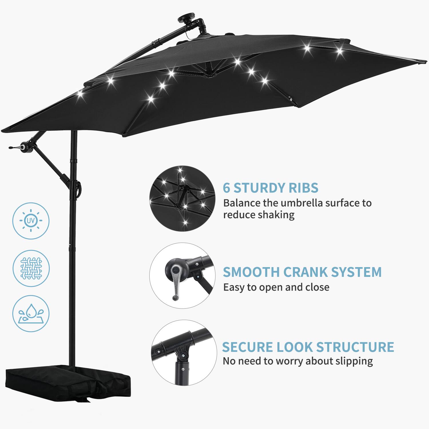 UV 6 STURDY RIBS  
Balance the umbrella surface to reduce shaking  

SMOOTH CRANK SYSTEM  
Easy to open and close  

SECURE LOOK STRUCTURE  
No need to worry about slipping