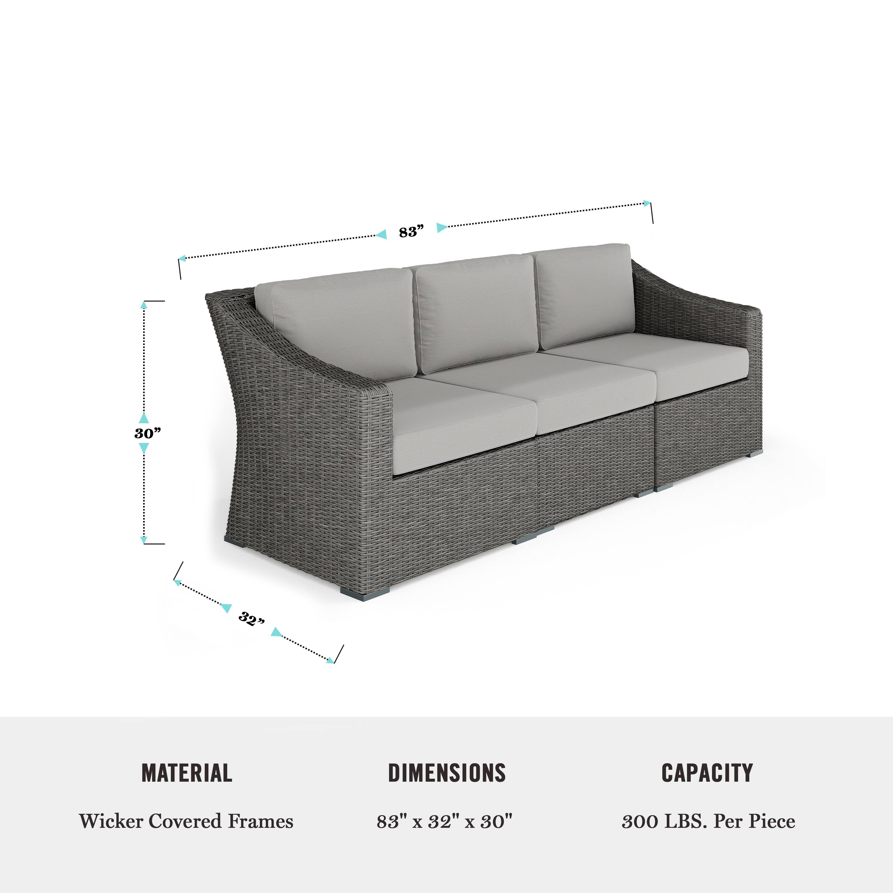 The text on the image reads: "Material Dimensions Capacity Wicker Covered Frames 88" x 32" x 80" 800 LBS. Per Piece."