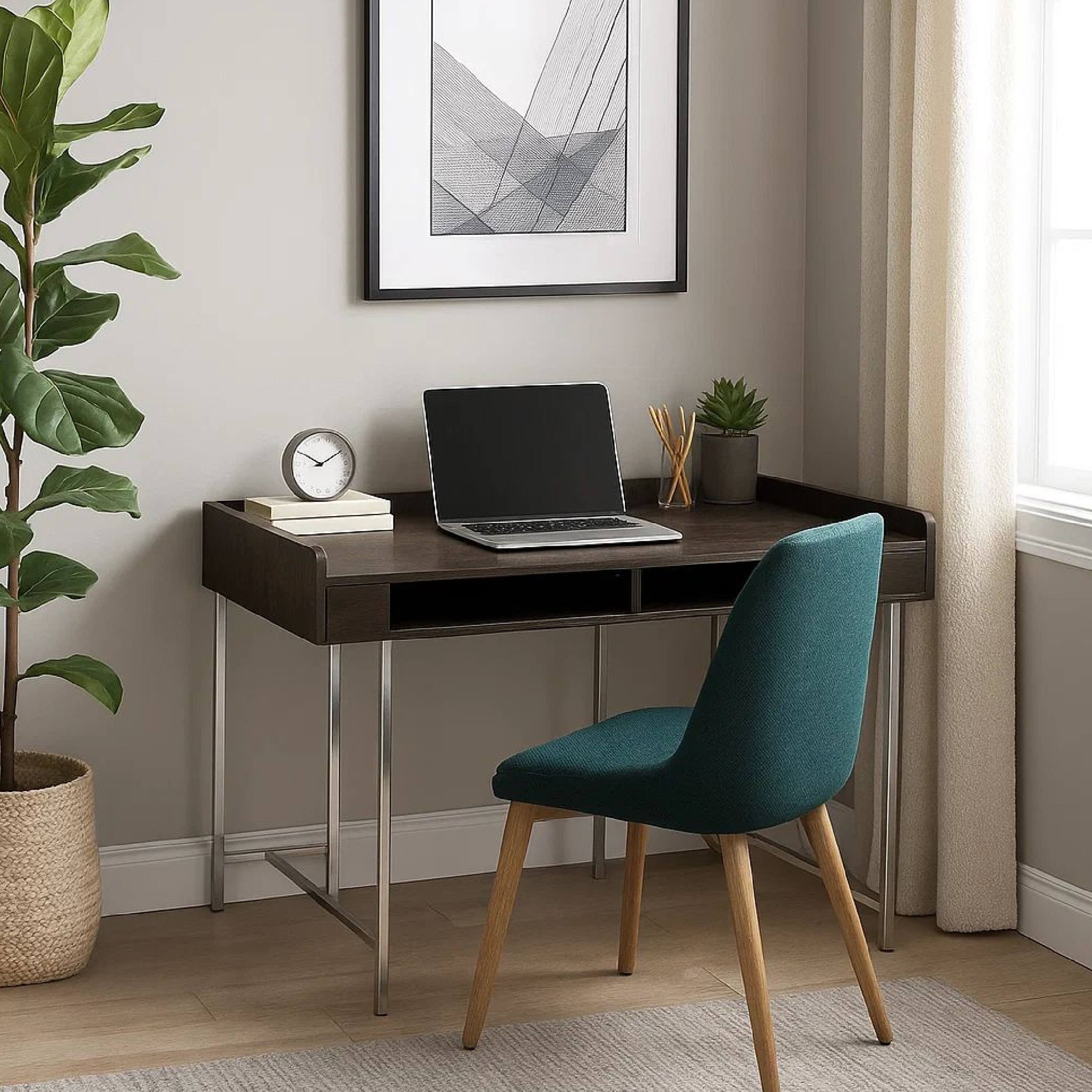 Alt View 3. Manhattan Lane - Wooden Desk with Metal Base and Open Compartments, Brown - Brown.