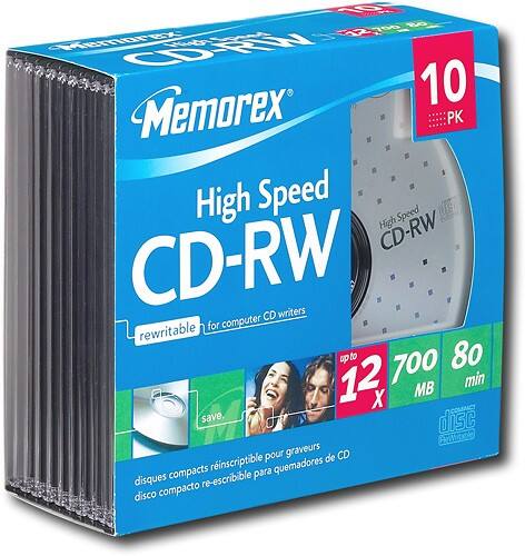 Angle Standard. Memorex - 10-Pack 12x CD-RW Discs with Slim Jewel Cases.