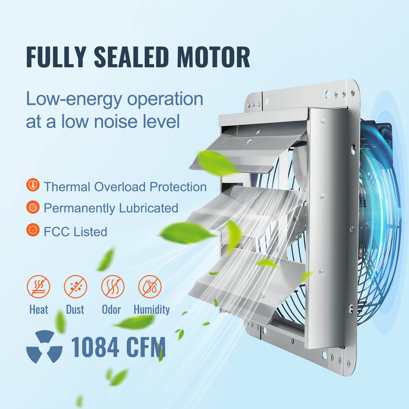 FULLY SEALED MOTOR

Low-energy operation at a low noise level

- Thermal Overload Protection
- Permanently Lubricated
- FCC Listed

Heat, Dust, Odor, Humidity

1084 CFM