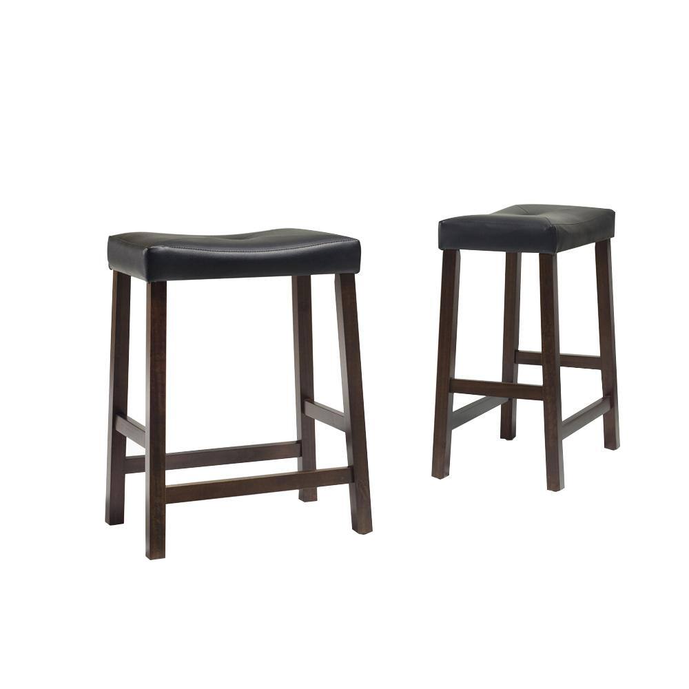 Angle. Crosley Furniture - Upholstered Saddle Seat 2Pc Counter Height Bar Stool Set - 2 Stools - Mahogany.