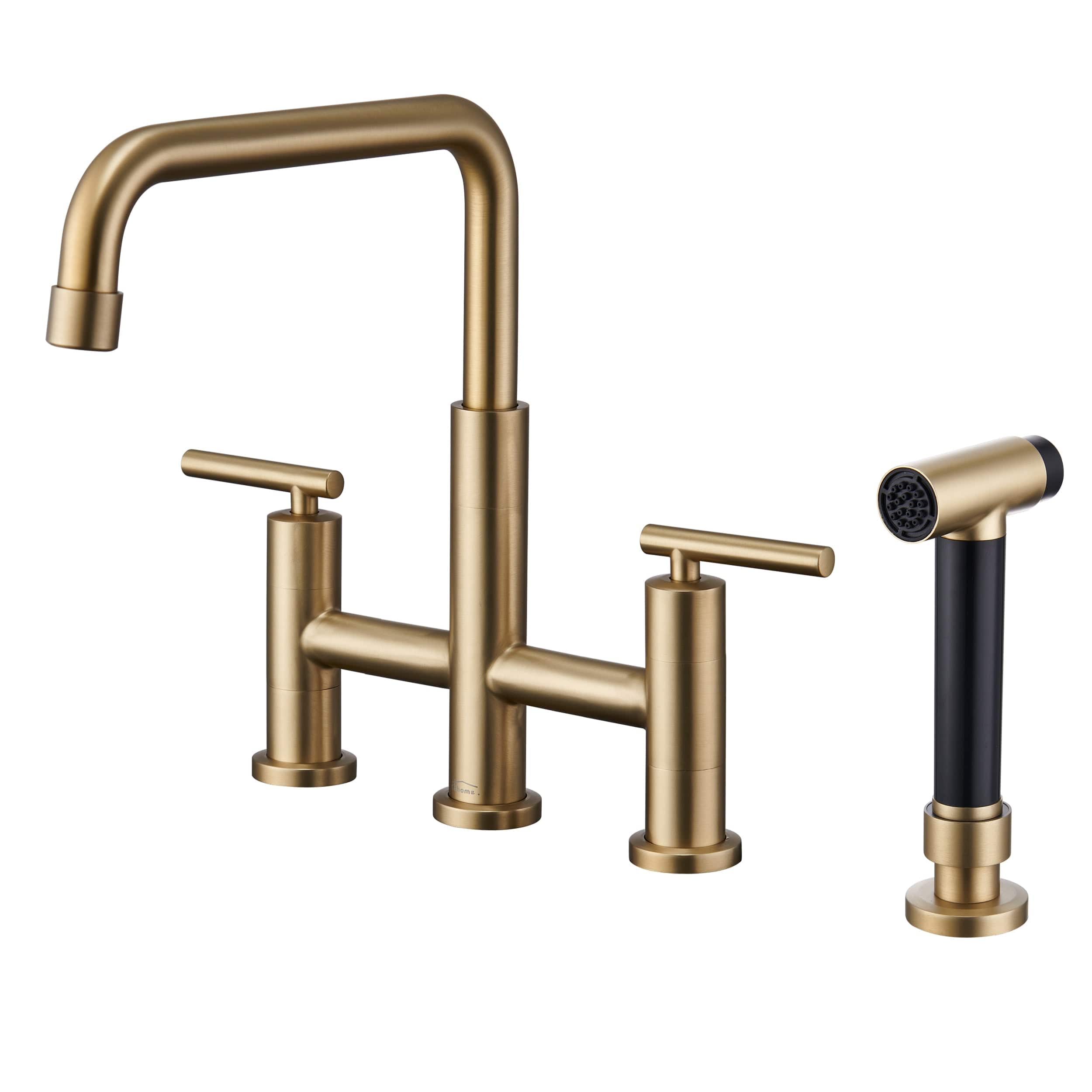 Front. Boyel Living - Double Handle 360 Degrees Rotation Bridge Kitchen Faucet with Pull-Out Side Sprayer, Ceramic Cartridge - Brushed Gold.