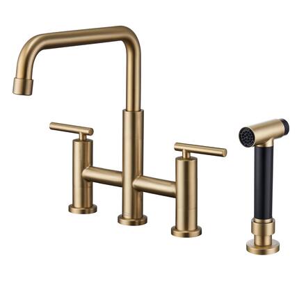 Front. Boyel Living - Double Handle 360 Degrees Rotation Bridge Kitchen Faucet with Pull-Out Side Sprayer, Ceramic Cartridge - Brushed Gold.