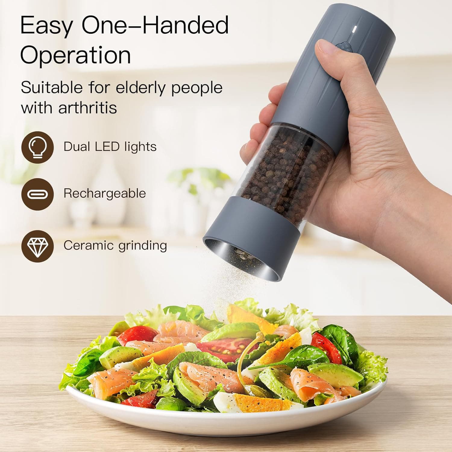Easy One-Handed Operation  
Suitable for elderly people with arthritis  

- Dual LED lights  
- Rechargeable  
- Ceramic grinding