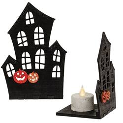 Angle. BreeBe - Wooden Halloween Votive Luminary - 3 Asstd. - Multicolor.