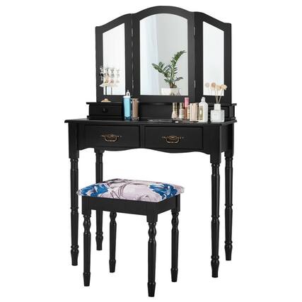 Front. Ecooso - Modern Vanity Desk with Folding Mirror, Hidden Compartments and Open Shelf Organizer - Black.