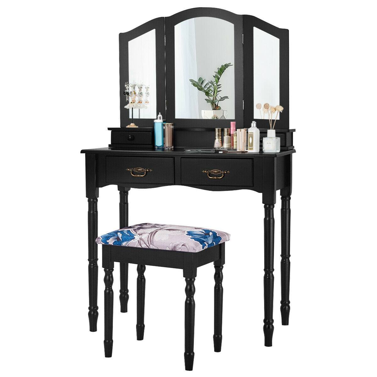 Front. Ecooso - Modern Vanity Desk with Folding Mirror, Hidden Compartments and Open Shelf Organizer - Black.