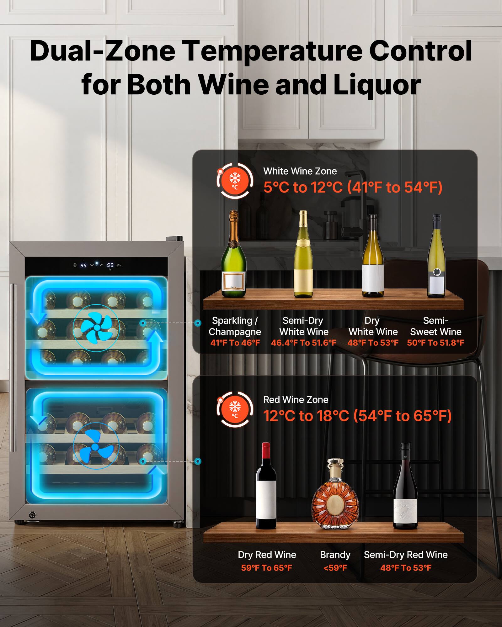 Dual-Zone Temperature Control for Both Wine and Liquor

White Wine Zone
5°C to 12°C (41°F to 54°F)
- Sparkling / Champagne: 41°F to 46°F
- Semi-Dry White Wine: 46.4°F to 51.6°F
- Dry White Wine: 48°F to 53°F
- Semi-Sweet Wine: 50°F to 51.8°F

Red Wine Zone
12°C to 18°C (54°F to 65°F)
- Dry Red Wine: 59°F to 65°F
- Brandy: <59°F
- Semi-Dry Red Wine: 48°F to 53°F