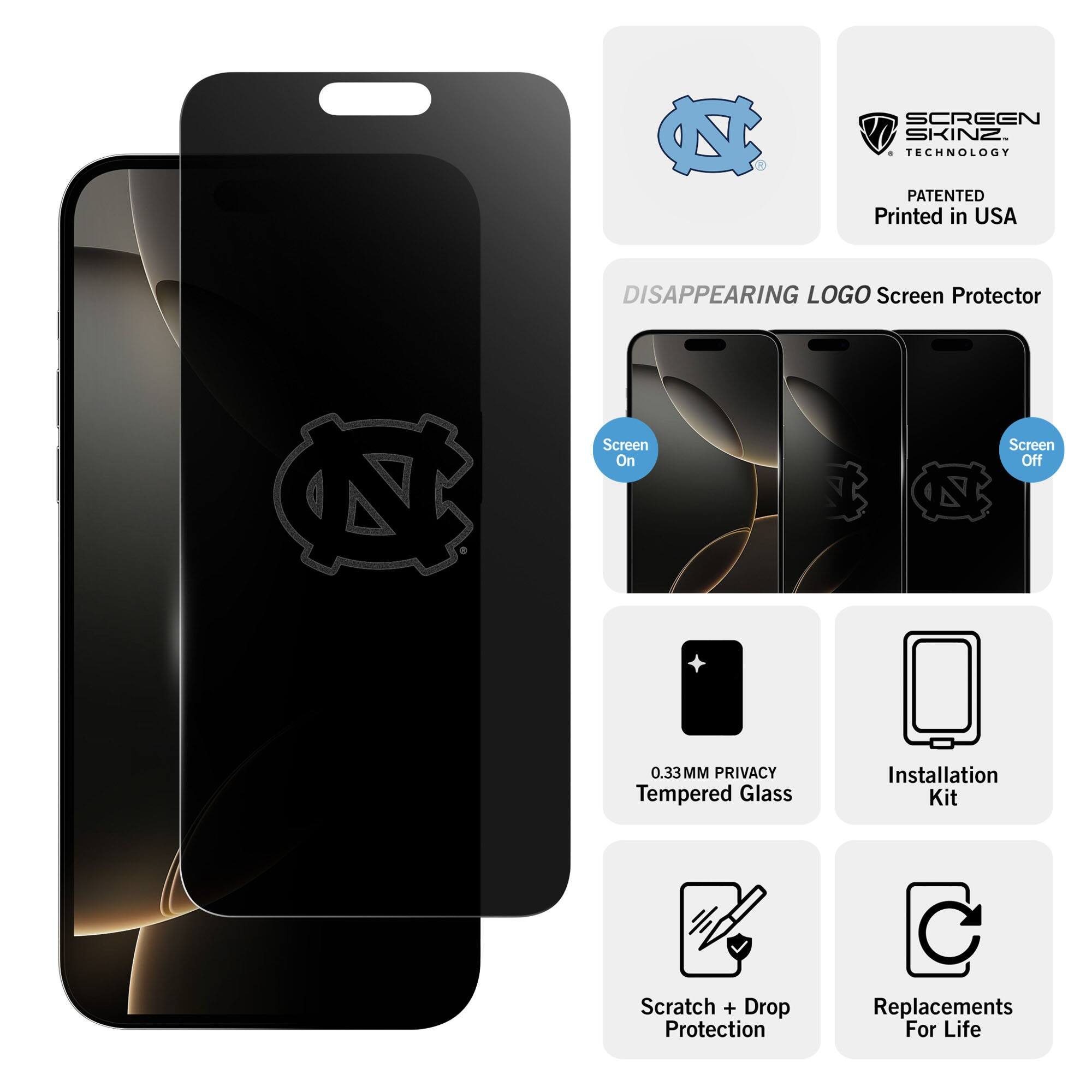- SCREEN SKINZ TECHNOLOGY PATENTED
- Printed in USA
- DISAPPEARING LOGO Screen Protector
- Screen On / Screen Off
- 0.33MM PRIVACY Tempered Glass
- Installation Kit
- Scratch + Drop Protection
- Replacements For Life