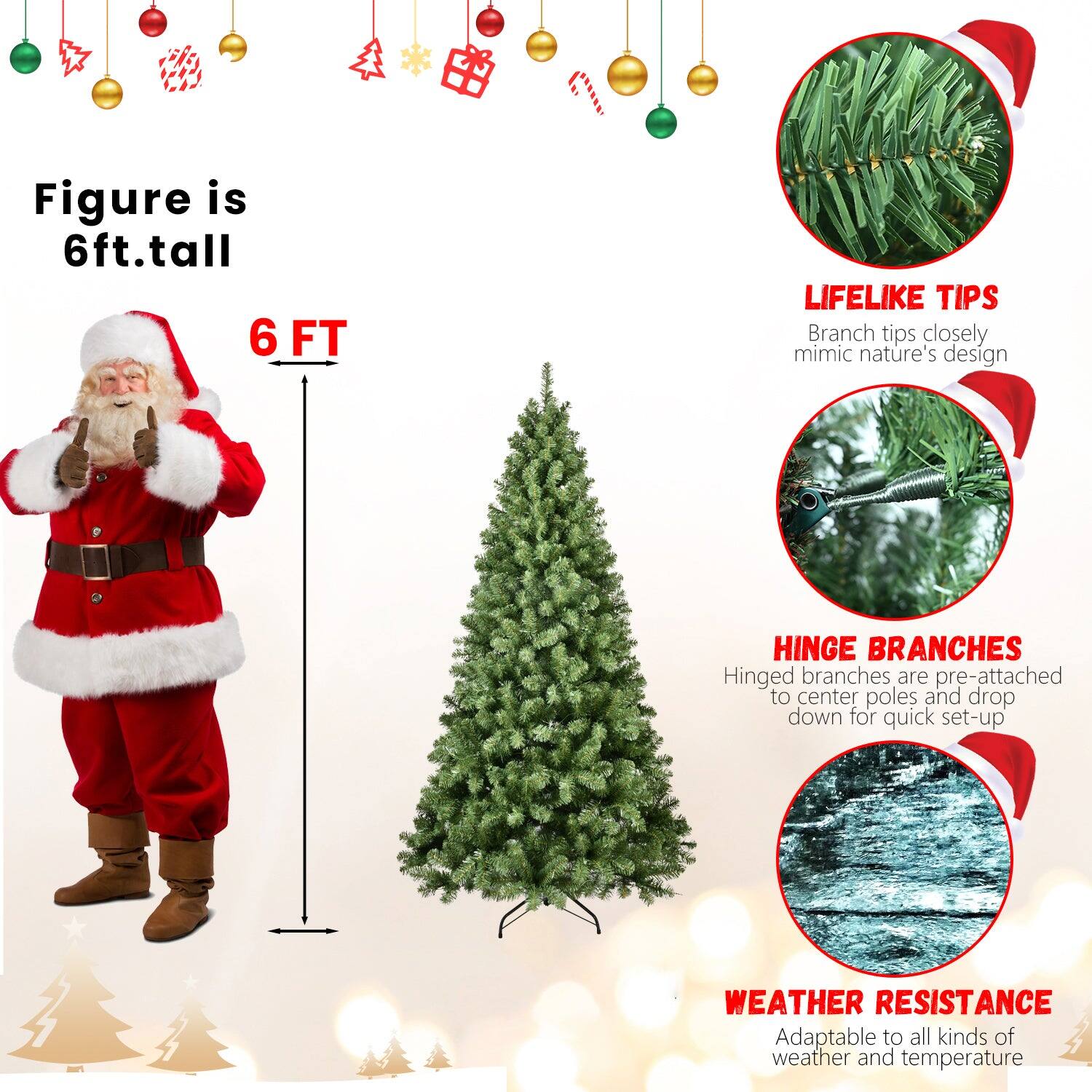 - Figure is 6ft. tall
- 6 FT
- LIFELIKE TIPS: Branch tips closely mimic nature's design
- HINGE BRANCHES: Hinged branches are pre-attached to center poles and drop down for quick set-up
- WEATHER RESISTANCE: Adaptable to all kinds of weather and temperature
