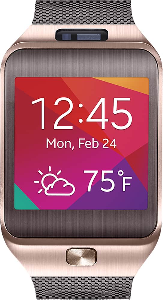 Front. Samsung - Geek Squad Certified Refurbished Gear 2 Smartwatch 58.4mm Metal - Gold/Brown Rubber.