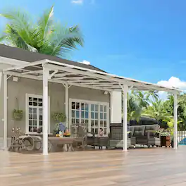 Yardgrace - 12'x 16' Outdoor Wall Mounted Lean-to Gazebo, Heavy Duty Sloped Roof Metal Awning for Patio, Decks & Backyard - White