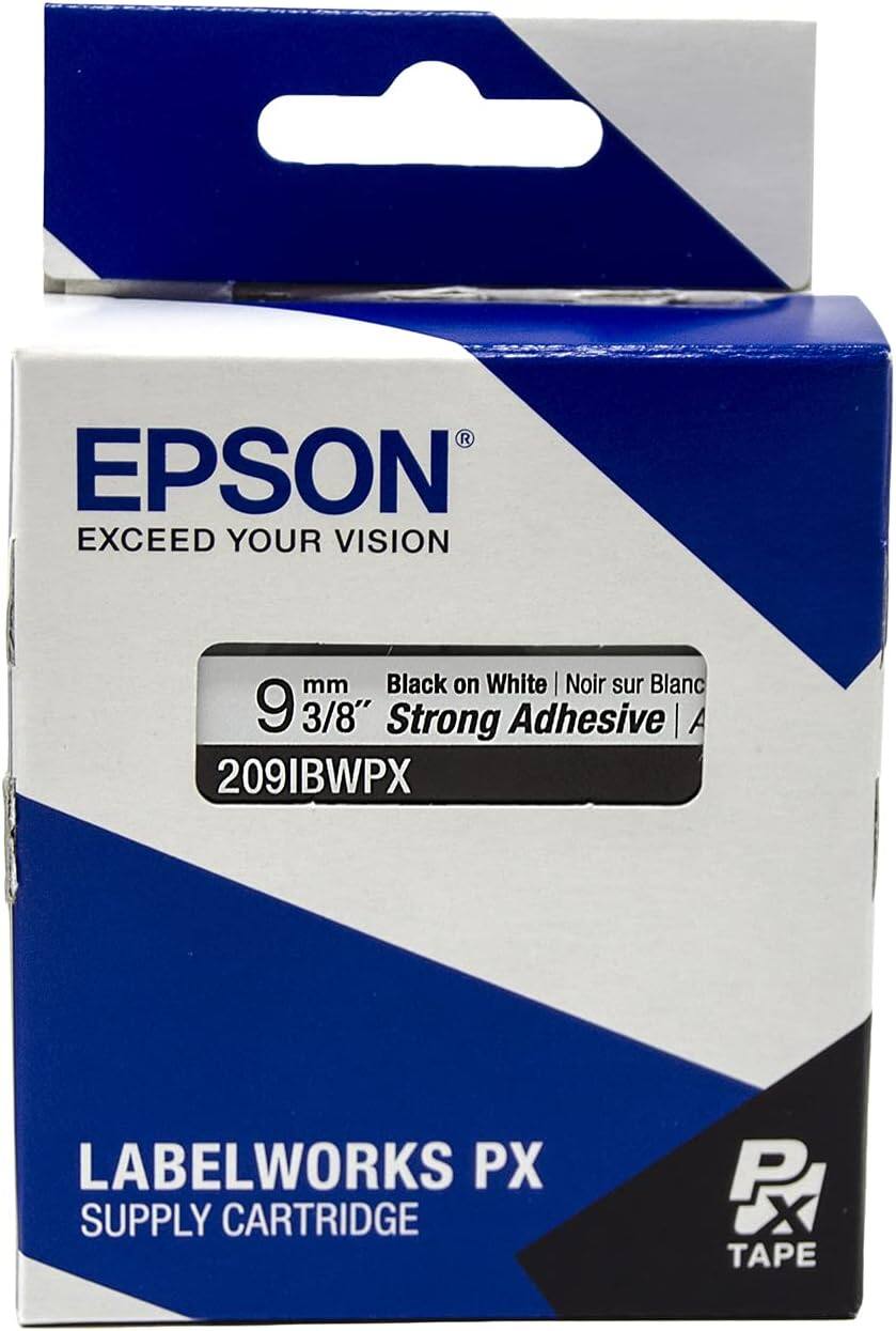 EPSON  
EXCEED YOUR VISION  

9 mm / 3/8"  
Black on White | Noir sur Blanc  
Strong Adhesive | A  

209IBWPX  

LABELWORKS PX  
SUPPLY CARTRIDGE  

PX TAPE