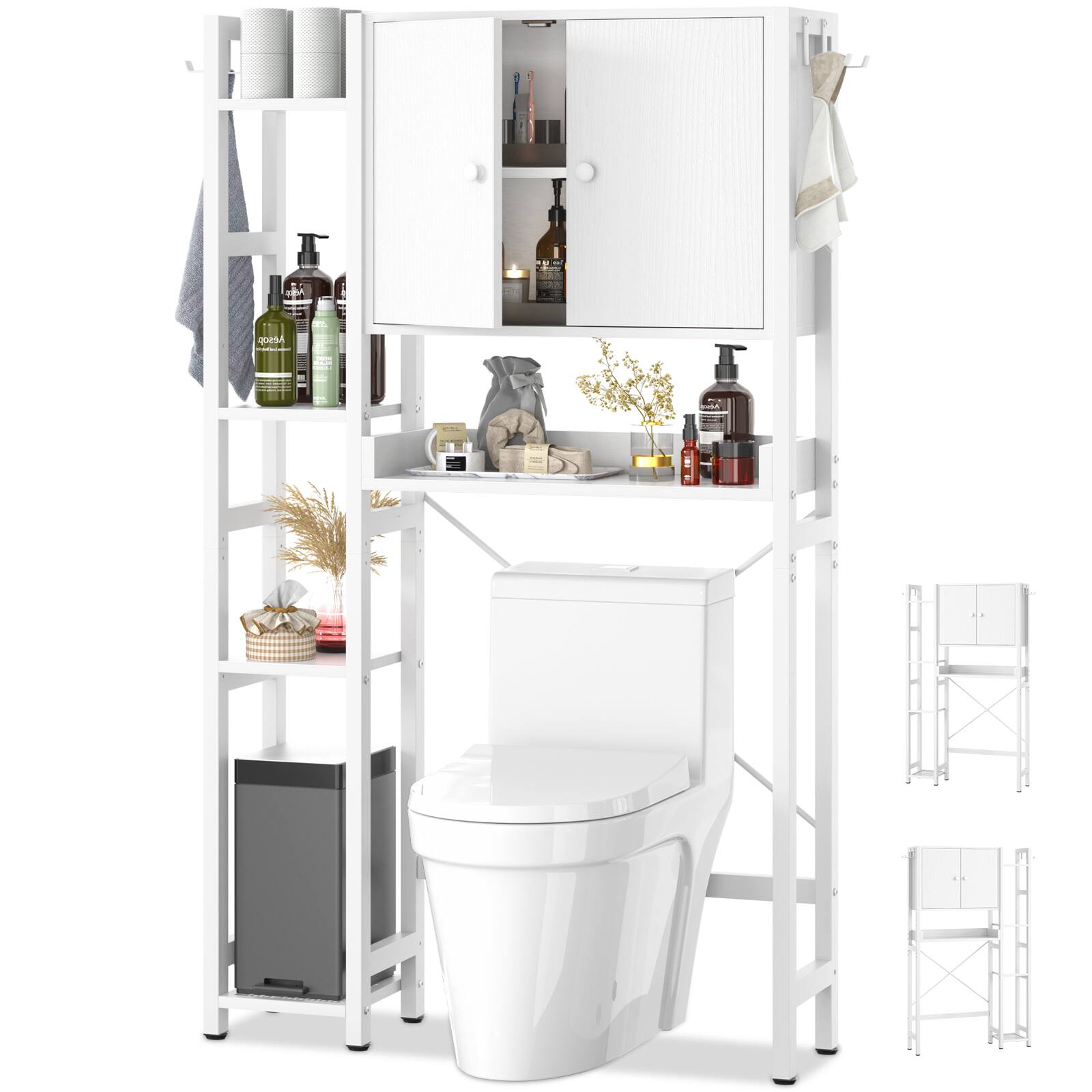 Angle. Aheaplus - Over The Toilet Storage Cabinet with Doors, 7 Tier Freestanding Bathroom Organizer with Adjustable Shelves & 4 Hooks - White.