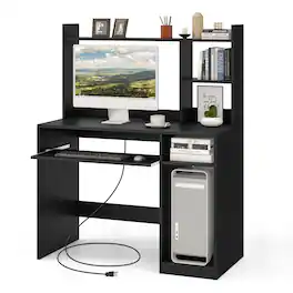 Costway - Computer Desk Study Bookcase Workstation with Charging Station Hutch & CPU Stand - Black
