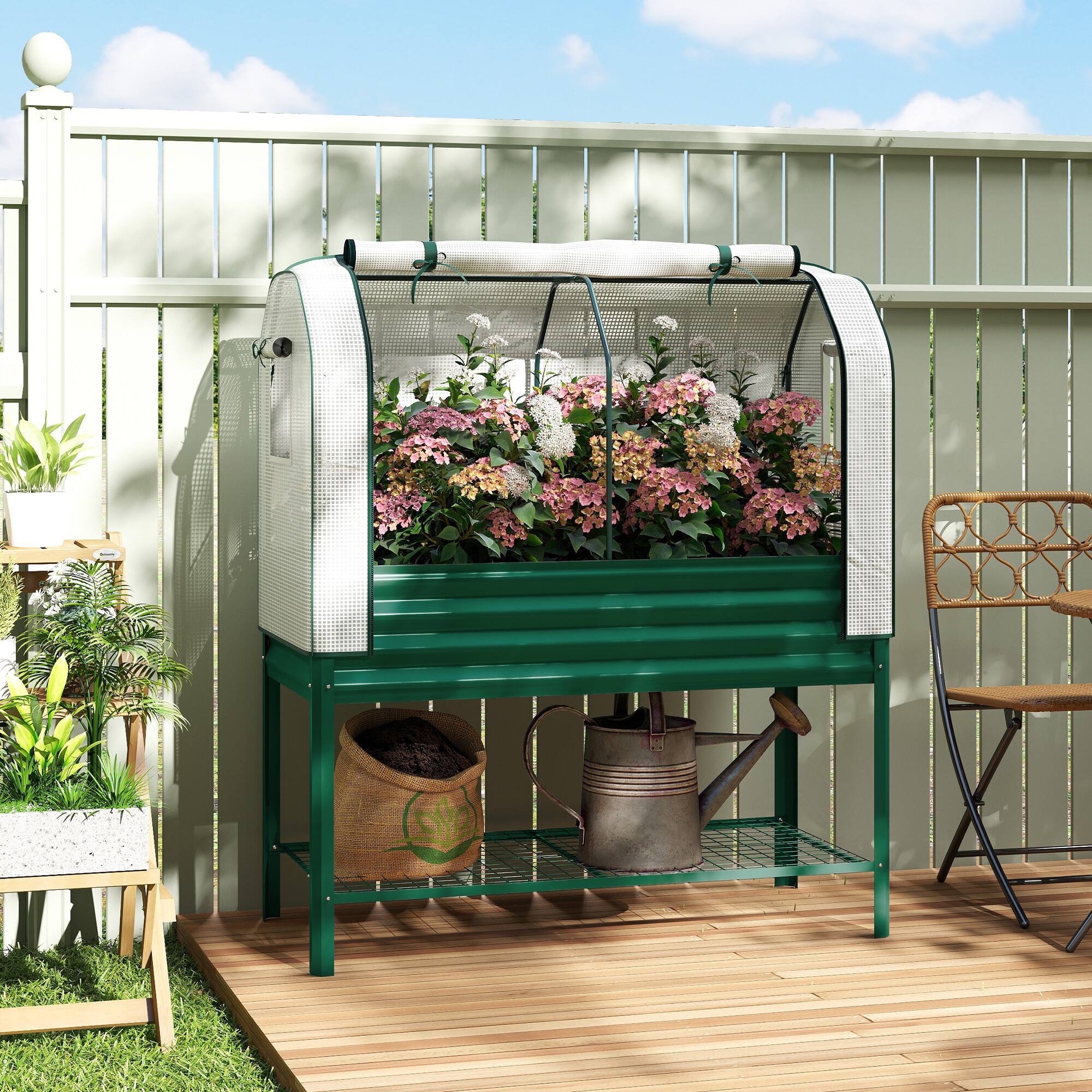 Alt View 1. Outsunny - Raised Garden Bed with Greenhouse Cover, Metal Elevated Garden Bed with Bed Liner.