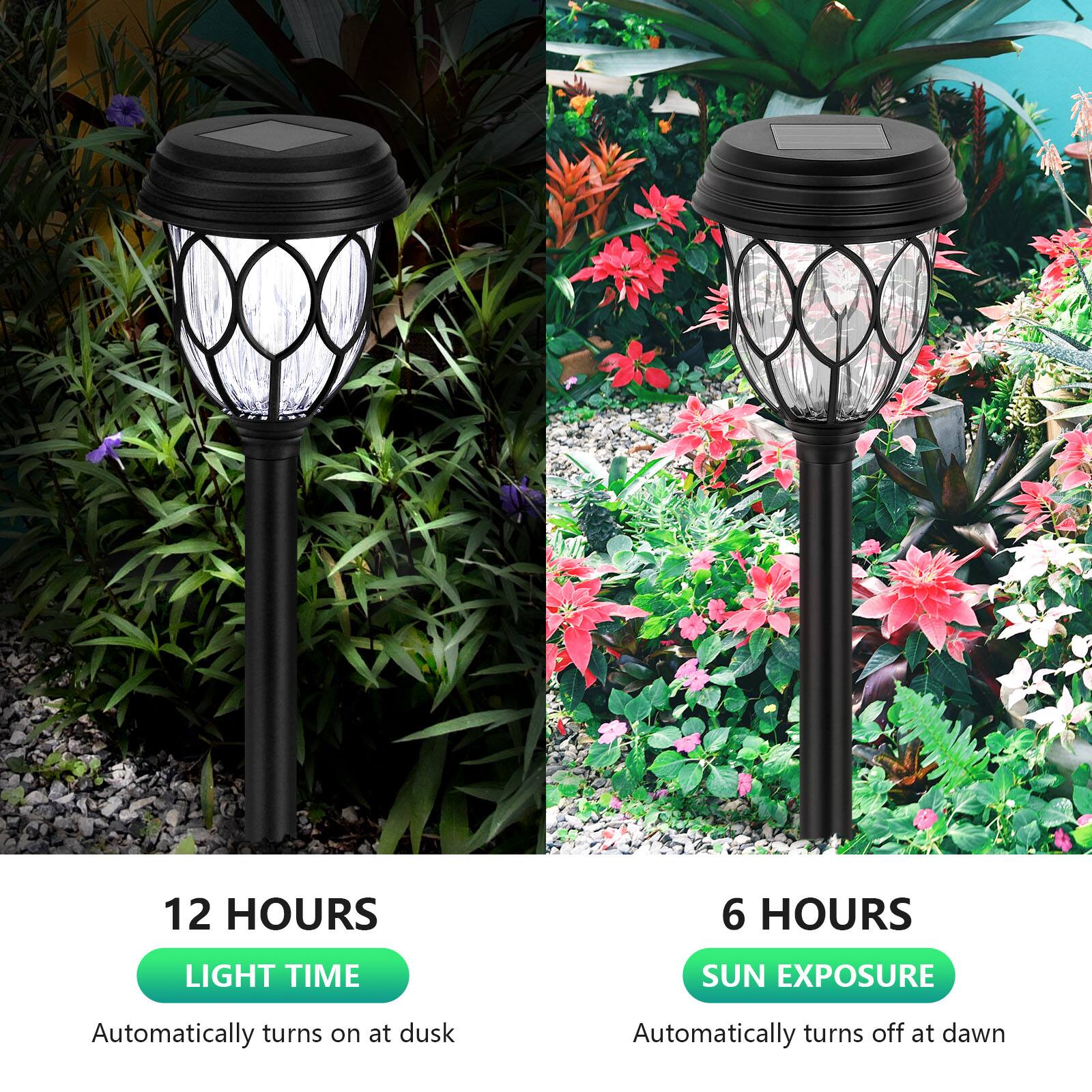 12 HOURS LIGHT TIME  
Automatically turns on at dusk  

6 HOURS SUN EXPOSURE  
Automatically turns off at dawn
