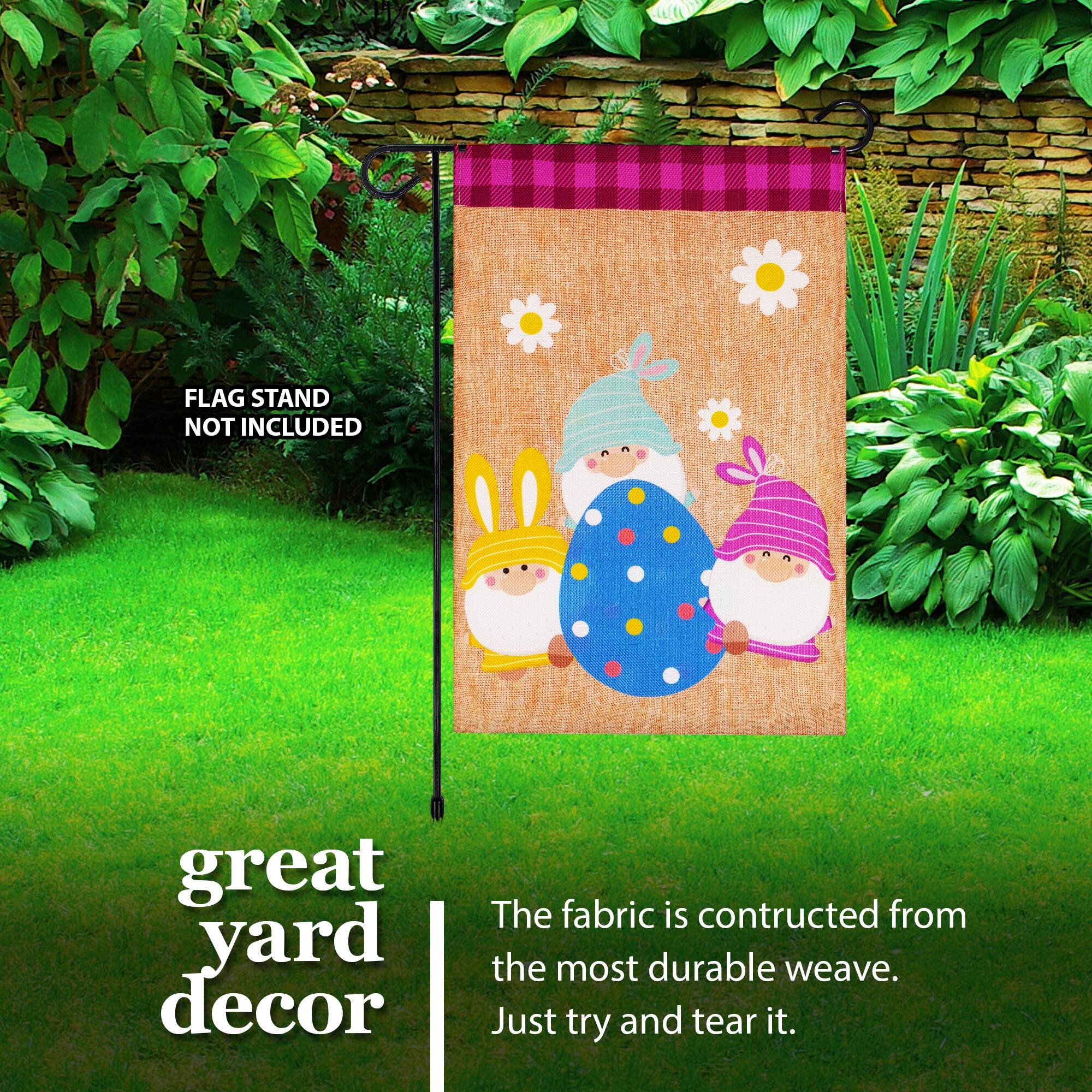 FLAG STAND NOT INCLUDED  
great yard decor  

The fabric is constructed from the most durable weave. Just try and tear it.