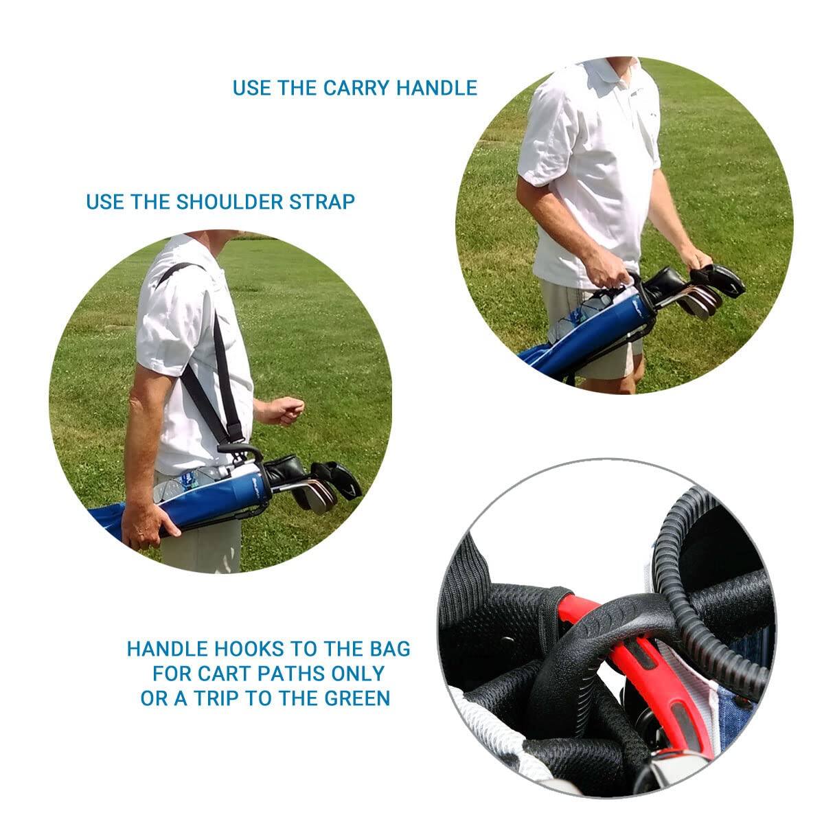- USE THE CARRY HANDLE
- USE THE SHOULDER STRAP
- HANDLE HOOKS TO THE BAG FOR CART PATHS ONLY OR A TRIP TO THE GREEN
