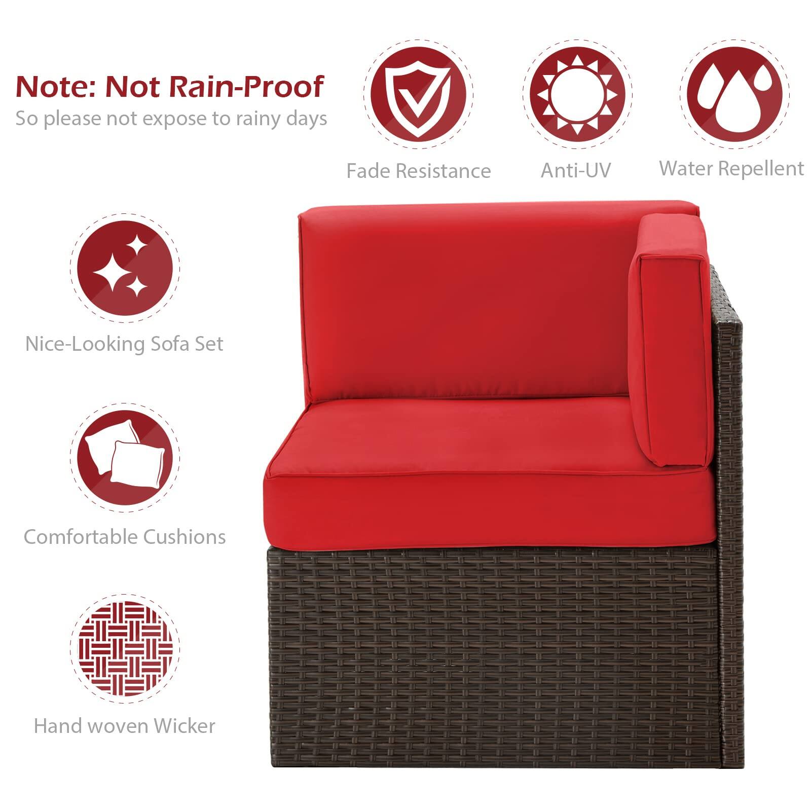 Note: Not Rain-Proof  
So please not expose to rainy days  

Fade Resistance  
Anti-UV  
Water Repellent  

Nice-Looking Sofa Set  
Comfortable Cushions  
Hand woven Wicker