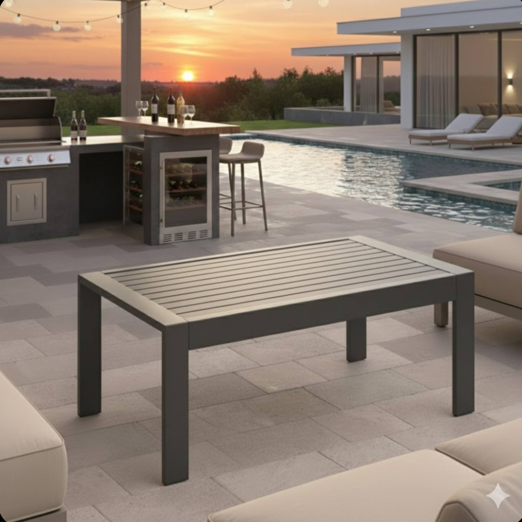 Left. Mondawe - 43" x 24" Metal Outdoor Coffee Table with Wood-Look Top - Gray.