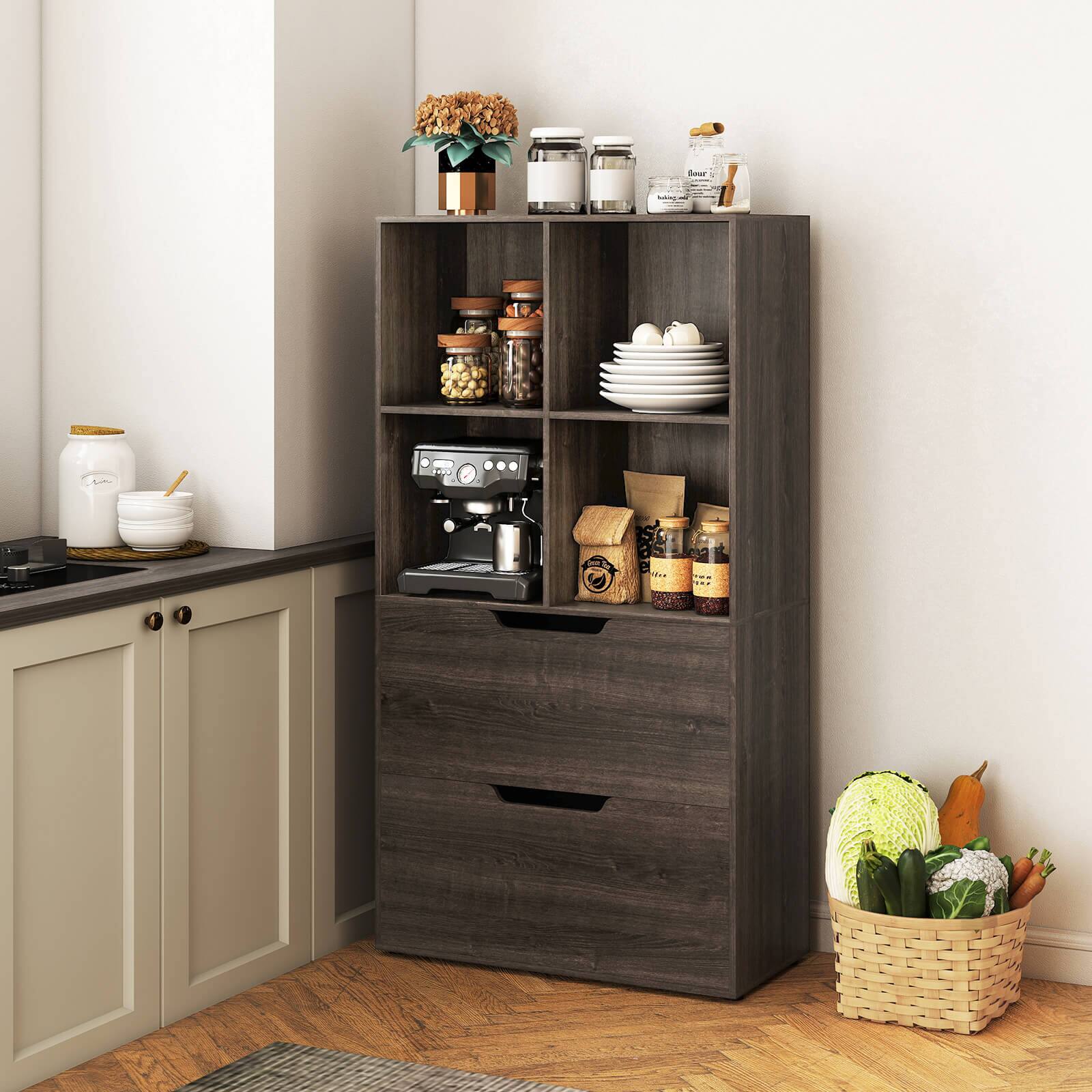 Alt View 5. Costway - Costway 2 PCS 4-Cube Bookcase with 2 Drawers, Tall Freestanding Bookshelf for Living Room - Gray.