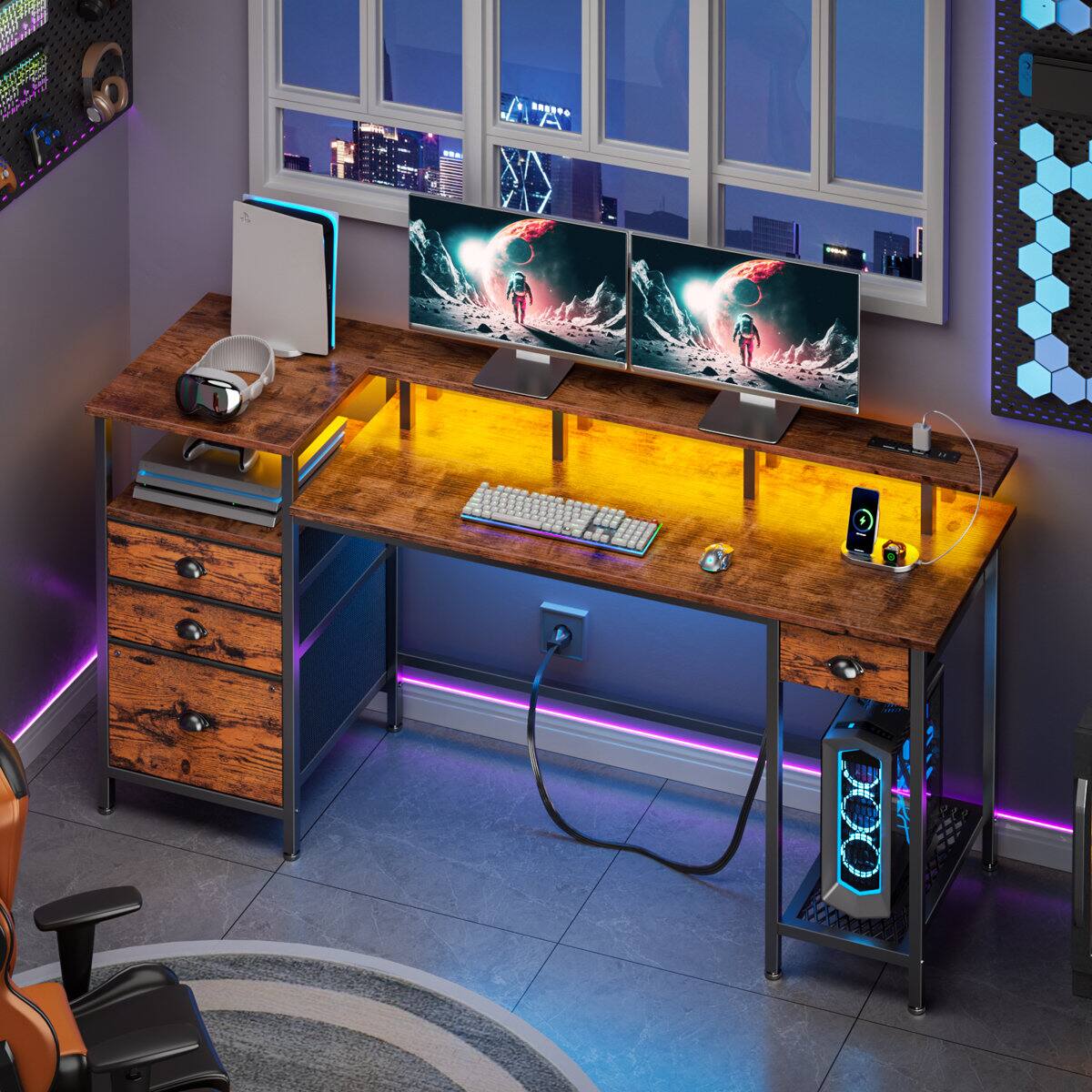 Alt View 7. Furnulem - Gaming Desk with LED Lights Power Outlets  Monitor Stand Home Office Desk with 3 Fabric Drawers  1 File Cabinet - Brown.