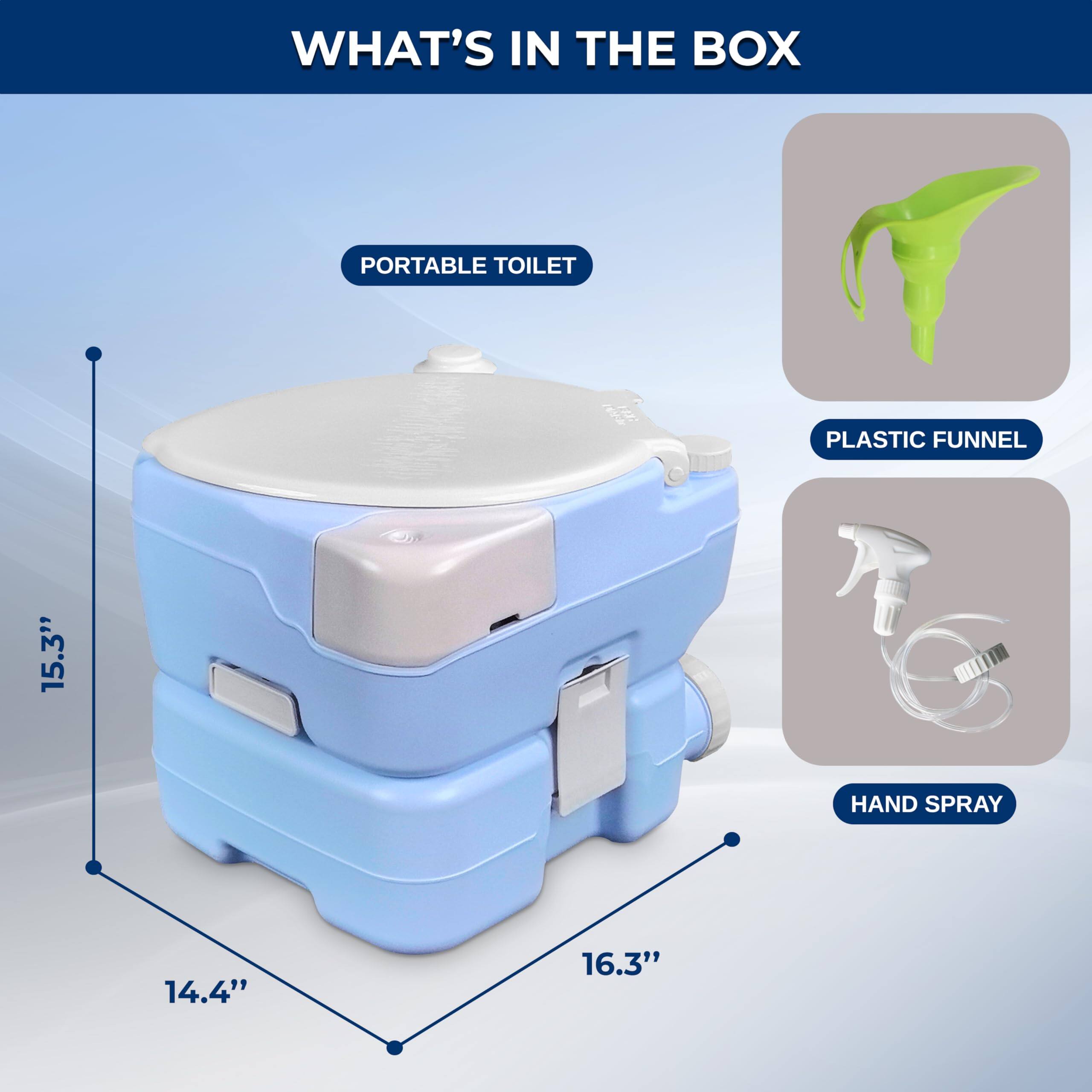 WHAT'S IN THE BOX  
PORTABLE TOILET  
PLASTIC FUNNEL  
HAND SPRAY  

15.3"  
14.4"  
16.3"