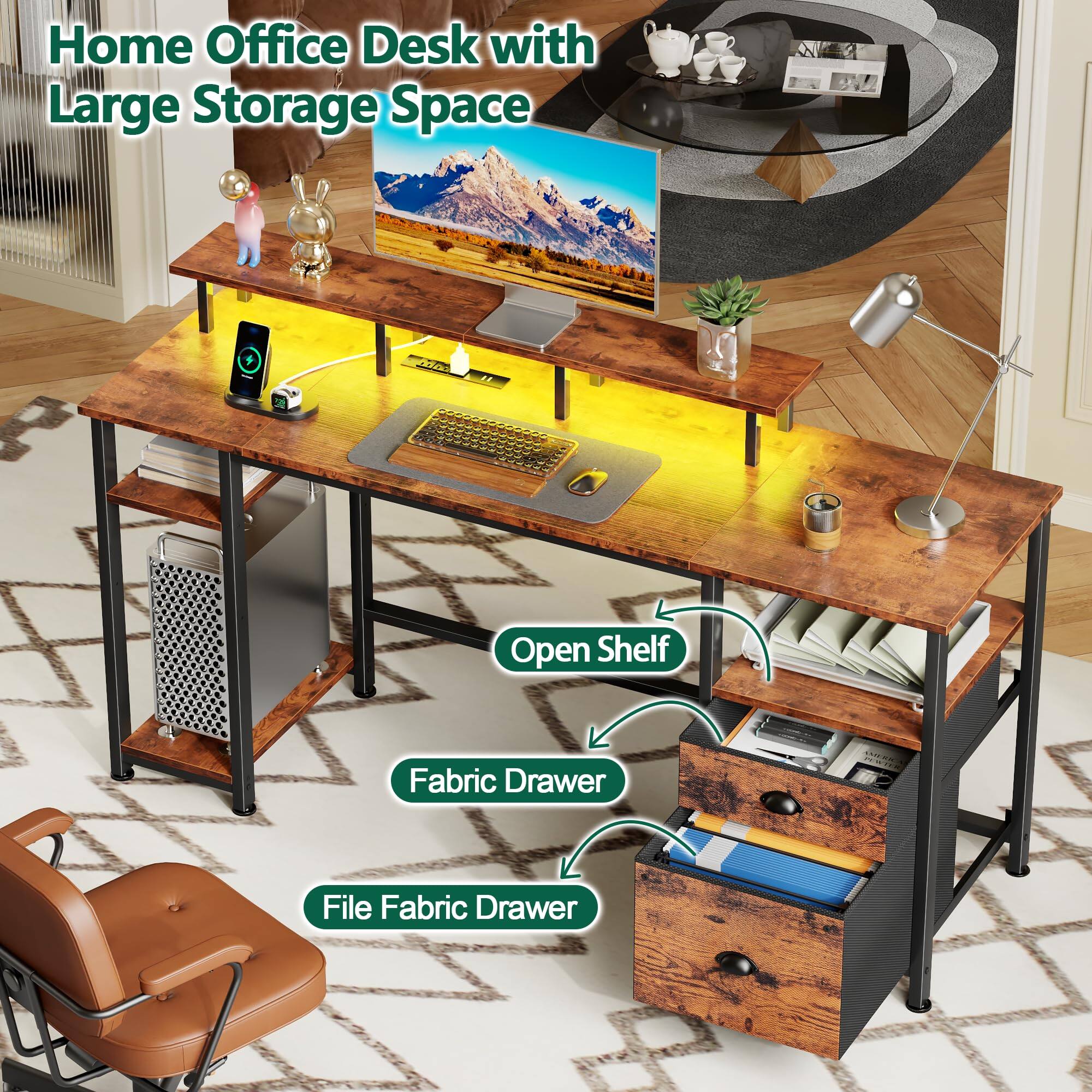 Home Office Desk with Large Storage Space

- Open Shelf
- Fabric Drawer
- File Fabric Drawer